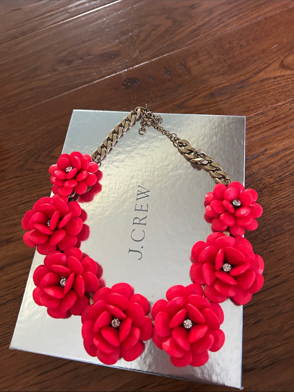 J. Crew Beaded Rose Coral Red Floral Bib Necklace Circa 2013